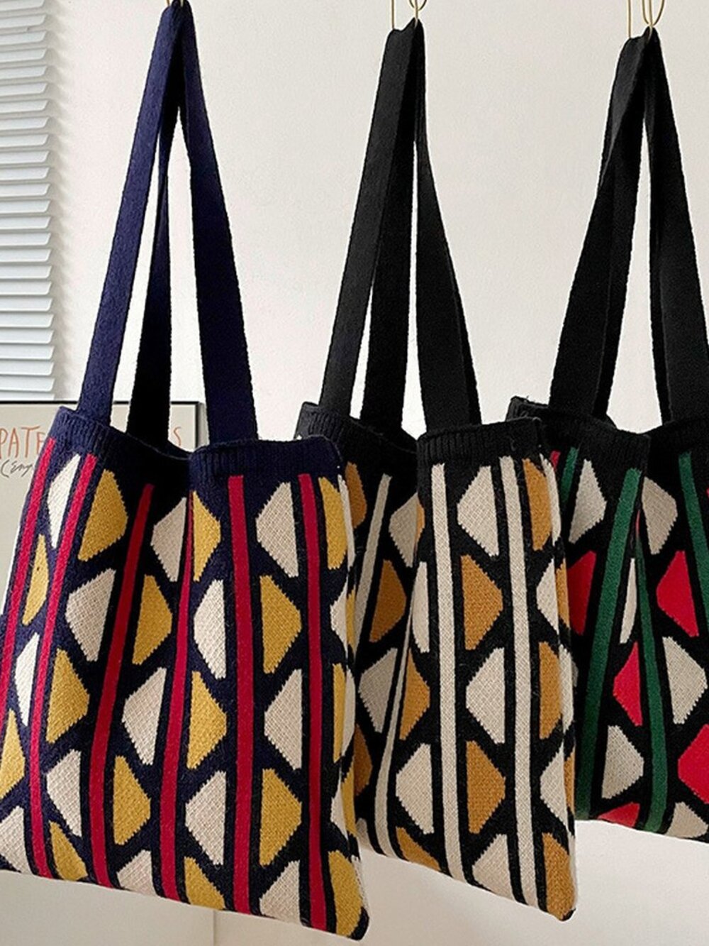 3 Pack Knit Tote Bag Set Colorful Geometric Pattern New
